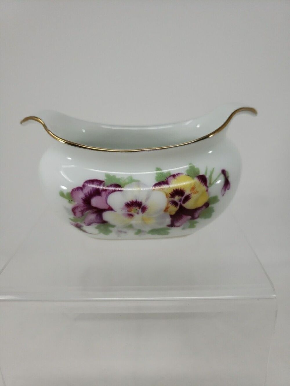 SAJI Sugar Bowl Vintage Pansy Flowers Gold Color Trim No Chips or Cracks *READ*